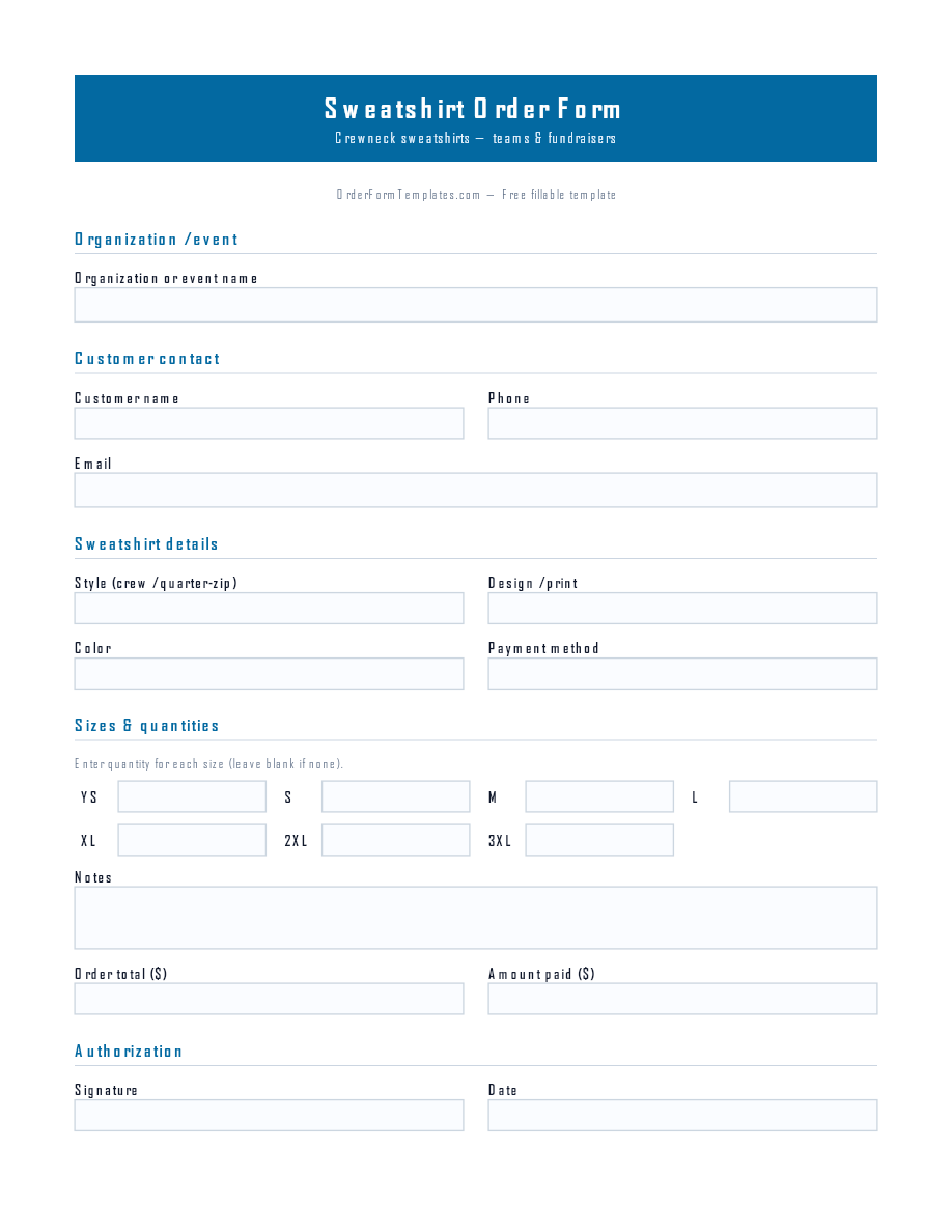 Preview of Sweatshirt Order Form Template (PDF/DOCX)