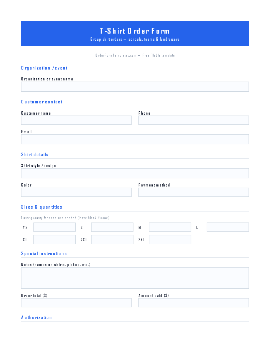 Preview of T-Shirt Order Form Template (PDF/DOCX)