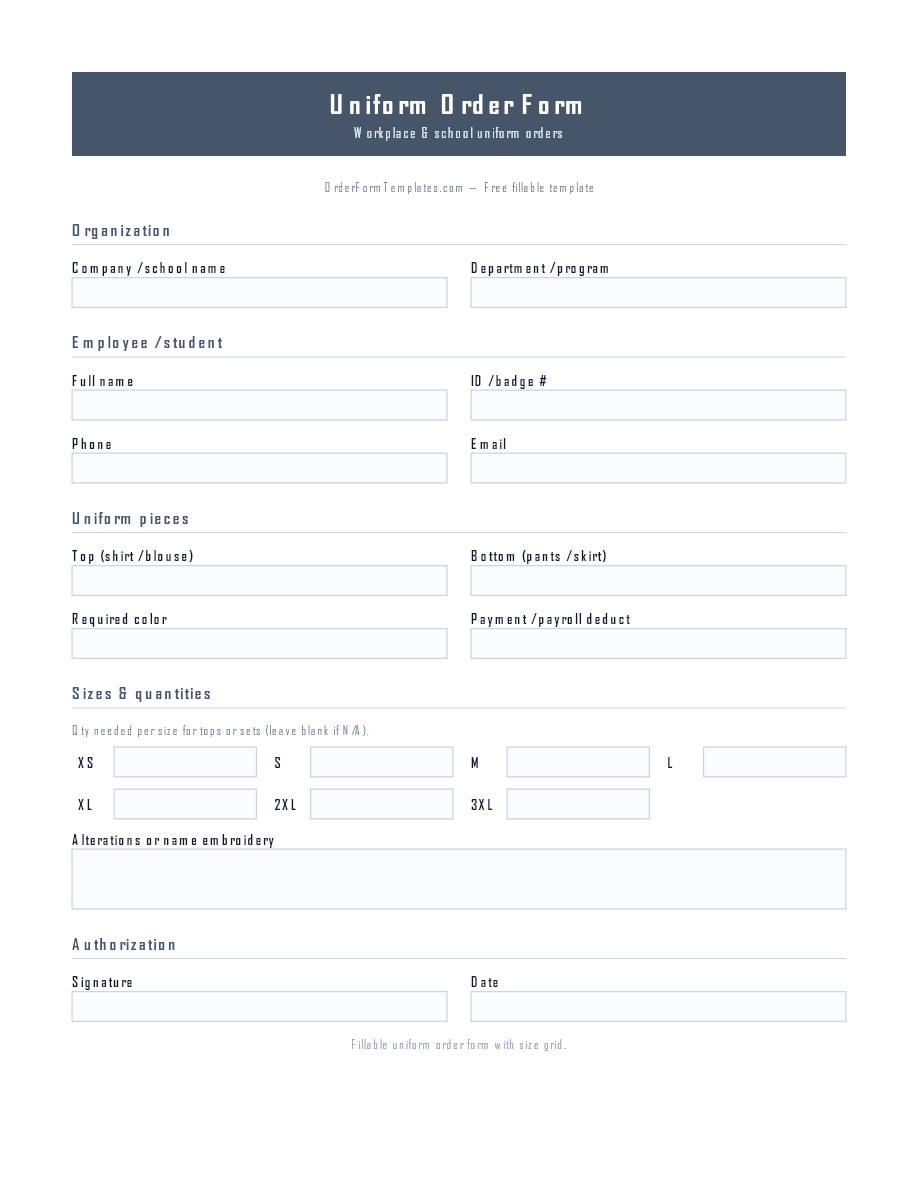 Preview of Uniform Order Form Template (PDF/DOCX)