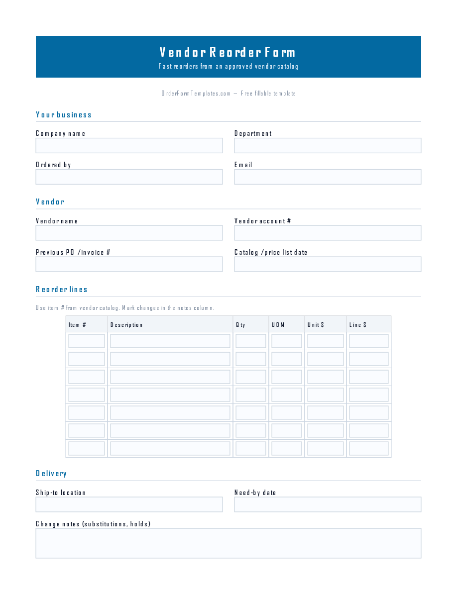 Preview of Vendor Reorder Form Template (PDF/DOCX)