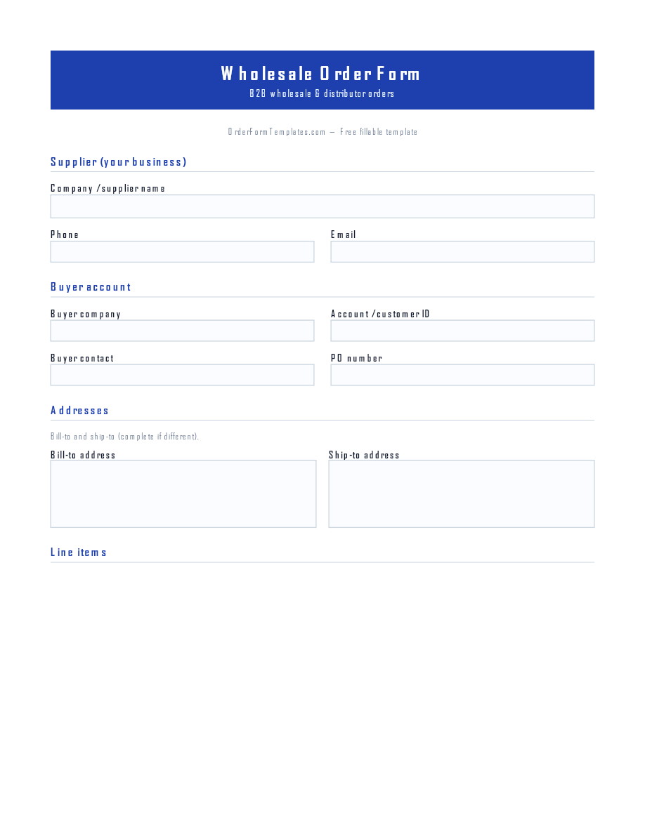 Preview of Wholesale Order Form Template (PDF/DOCX)