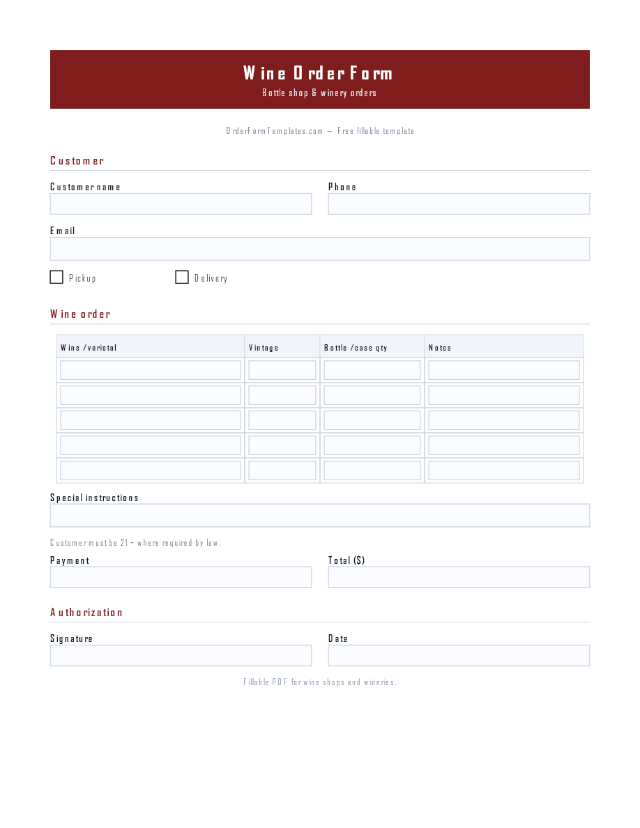 Preview of Wine Order Form Template (PDF/DOCX)